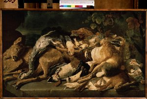 ""Still life with game"" (静物) ハレ、ドウ、カモ。 Jan (Johannes) Fyt (1611-1661) の絵画 1640 プーシキン美術館、モスクワ