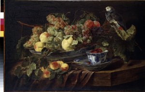 「果物とオウムのある静物」 (果物とオウムのある静物) ヤン (ヨハネス) フィト (1611-1661) 作 1645 Dim. 58.3x90.7 cm エルミタージュ美術館、サンクトペテルブルク 作： Jan Fyt