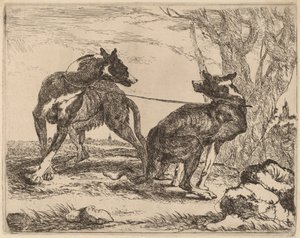 ひもにつないで向かい合っている 2 匹のグレイハウンド 作： Jan Fyt
