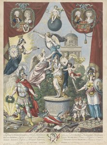 ウィレム 5 世の息子と娘の結婚に関する文の版画、1790 年～1791 年 Tafreel ter Gedenkenissen der Hooge Huwelyken betwen (...) Willem Frederick, Hereditary Prince of Orange &, with Frederica Louisa Wilhelmina, Princes of Pruyssen &, and Carolus George Aug 作： Jan Gerritsz. Visser