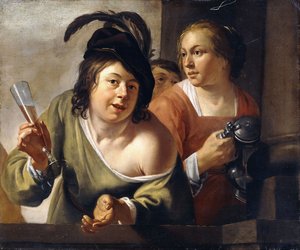 若いトッパーとバルコニーで飲むサービングのメイド、 作： Jan Gerritsz. van Bronckhorst