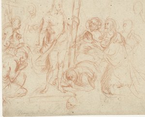 ひざまずく人物に囲まれた十字架を持つキリスト 作： Jan Gerritsz. van Bronckhorst