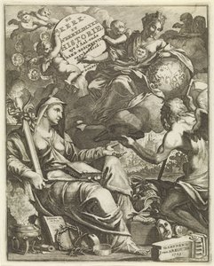 教会と世界史の比喩 Willem Goeree のタイトル ページ、De kerklyke en Weereldlyke historien。 1729年 ウイット・ダールの教会と世界史 - 古代地球の説明 (オブジェクトのタイトル)