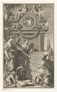 正義はユトレヒトの法律を教える Costumen Usantien en Policien der stad Utrecht (オブジェクトのタイトル) Willem Van der Meulen のタイトル ページ、コスチューム、usantien、policien ende スタイルの訴訟、der stadt ユトレヒト、1709 年 作： Jan Goeree