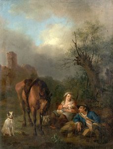 人物、馬、犬のいる風景