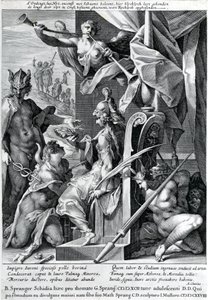 マーキュリーとミネルバが雄牛の皮と月桂樹のリースでヒーローを武装させる、1604 作： Jan Harmensz Muller