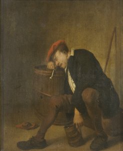 眠っている男（パネルに油彩） 作： Jan Havicksz (school of) Steen