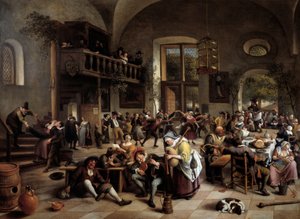 宿屋でのパーティー ミュージシャン、演奏者、酒飲みの男女 - Jan Havicksz (Havickszoon) Steen (1626-1679) の絵画
