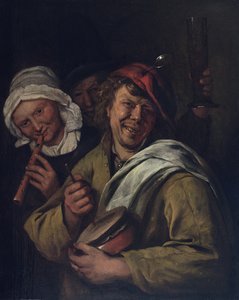 ロンメルポット三人の人物のいる室内（油彩・パネル） 作： Jan Havicksz. Steen