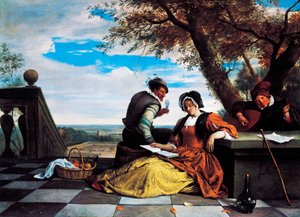 テラスで音楽を奏でる2人の男性と若い女性 作： Jan Havicksz. Steen