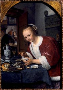 牡蠣を食べる少女 ヤン・ステーン(1626-1679)の絵画 日。0,14x0,2 m ハーグマウリッツハイス
