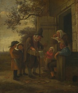 コテージの外でスペクタクルを販売するペドラー、c。 1653年 作： Jan Havickszoon Steen
