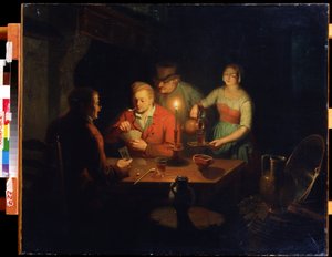 トランプゲーム。 Jan Hendrik van Grootveld (1808-1855) による絵画。 木に油彩、70 x 93 cm、19 世紀のオランダの芸術。 極東博物館、ハバロフスク (ロシア)。 作： Jan Hendrick van Grootvelt