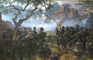 ワーテルローの戦い中のフーグモンでのナッソー軍 作： Jan Hoynck van Papendrecht