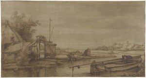 農場と横になっているはしけのある運河の眺め 作： Jan Hulswit (possibly)