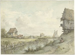 小屋の間に製図工が写っている川の風景 作： Jan Hulswit