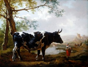 牧歌的風景の中の雄牛」（油彩・パネル） 作： Jan II Kobell