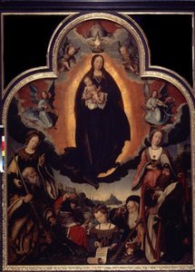 ""La Vierge en Gloire" (聖母の栄光) 聖母とイエス・キリストを取り巻く登場人物の中で: ハープを演奏するダビデ王、ローマ皇帝アウグストゥス (カイウス・ユリウス・カエサル・オクタヴィアヌス・アウグストゥス) (紀元前63年-紀元14年)、預言者