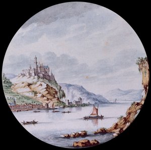 聖ゴアの村とラインフェルス城のあるライン川沿いの景色 (黒鉛、ペン、灰色のインク、水彩) 作： Jan I van Call