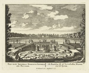 Paleis Het Loo、1695-1705の庭園にある大きな池の噴水 作： Jan I van Call