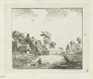 2 つの農場の近くの羊飼いと羊のいる風景 作： Jan Izaak van Mansvelt