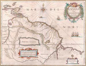 ギアナ地方を描いた 1649 年頃に作成された地図。 スペインが領有権を主張している領土は西に赤く、オランダ領ギアナは黄色に、ポルトガル領は南東に赤く強調されています。 神話のパリメ湖も見える 作： Jan Janssonius