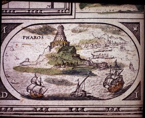 1630年にアムステルダムで印刷されたヤンソンJannsoniusのアトラスに掲載された「古代の七不思議：アレキサンドリアの灯台」の表現。