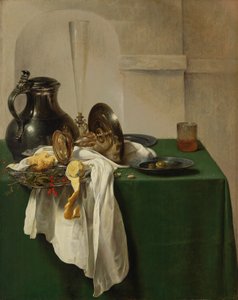 テーブルの上のピューターの水差しと銀のタッツァ 作： Jan Jansz den Uyl