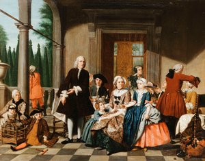 1747年の向こうにある正式な庭園、ポルティコで食事をしている家族の肖像 作： Jan Josef the Younger Horemans