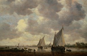 オランダの運河、あるいは川の近くの2隻の大型帆船と牛たち 作： Jan Josephsz van Goyen