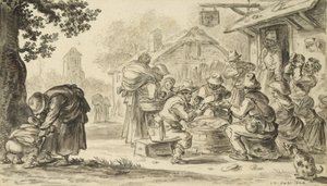 1624年の旅館の前での農民カードゲーム（紙に鉛筆、ペン、インク、ブラシ） 作： Jan Josephsz van Goyen