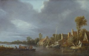 渡し舟に乗った農民と牛のいる川辺の村 作： Jan Josephsz van Goyen