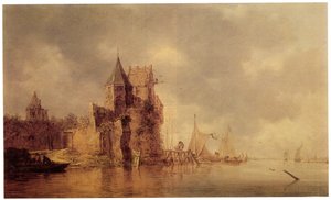 城壁にある中世の塔で、桟橋に帆船があり、前景に手漕ぎボートがあります。1642年頃（パネルに油彩） 作： Jan Josephsz van Goyen