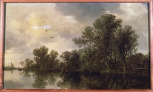 コテージとフェリーで手漕ぎボートに乗る農民、遠くに航行ボート、1633 作： Jan Josephsz van Goyen