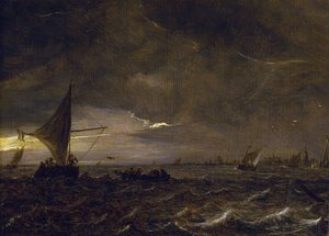 夕暮れの河口に浮かぶ漁船と、水平線に見える街と鐘楼。ヤン・ファン・ゴーエン（1596-1656）作、木に油彩。 作： Jan Josephsz van Goyen