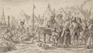 フィッシュマーケット、1624年（紙にペンと筆と茶色のインク） 作： Jan Josephsz van Goyen