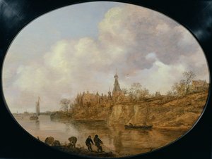 川のほとりで網と籠を運ぶ3人の漁師 遠くに城と村がある風景 作： Jan Josephsz van Goyen