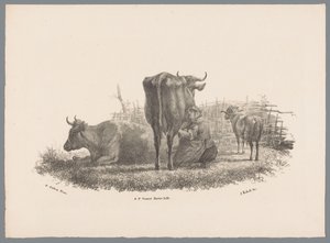 搾乳農家の妻、2 頭の牛と 1 頭の雄羊 ポール ポッター Nr. 1（シリーズタイトル） 作： Jan Kobell (III)
