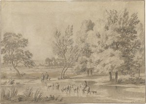 木、騎手、水飲み場に牛がいる風景 作： Jan Laurensz. van der Vinne