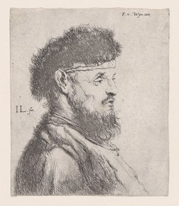 毛皮の帽子をかぶった男の胸像、17 世紀。 作： Jan Lievens