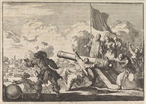 大砲が 6 人の修道士によって祝福されるフローニンゲン包囲戦、1672 年 作： Jan Luyken