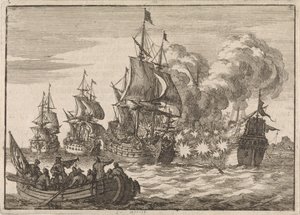 バレンシア沖で、スペインの提督パパチーノは、1688 年に敬礼をしなかったため、トゥールヴィル提督の指揮する 3 隻のフランス船に攻撃される。
