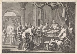 プトレマイオス・フィラデルフス王の命令により、72 人の法律翻訳者の会合 作： Jan Luyken