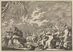 1689年、コペンハーゲンのアメリエンボー城の隣で演劇が行われる木造の小屋の火事 作： Jan Luyken