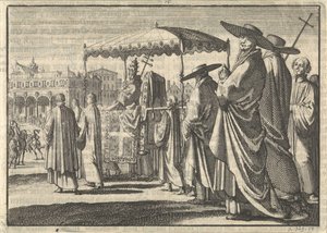 クリスチャン 4 世、デンマーク王、法王に扮し、廷臣たちと行列を真似る、1596 年 作： Jan Luyken