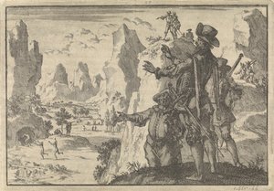 武装したスペイン人が完全に野生の人々を岩から見下ろしている、1600 年頃 作： Jan Luyken