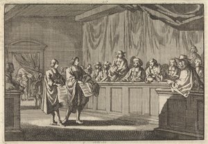 1683 年 6 月 3 日、改革派の大臣ギリーとクールディルがソルジュの教会会議で、カトリック教会に改宗するという宣言を読み上げる 作： Jan Luyken