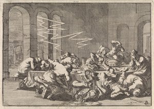 ポーランドのペルジン村で、洗礼の最中に落雷で 23 人が死亡、1676 年 作： Jan Luyken