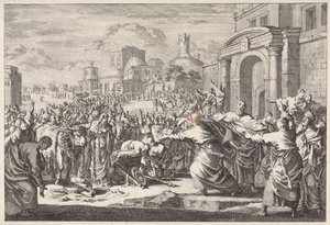 リストラの住民は牛を 2 人の使徒に捧げたいと考えています。 作： Jan Luyken