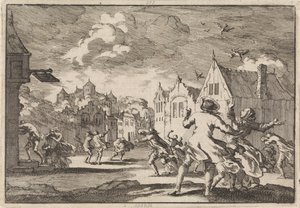 1671年、リューネブルグのリュッハウ城近くの村の住民が旋風に襲われ、鳥が空から落ちて死んでいる 作： Jan Luyken